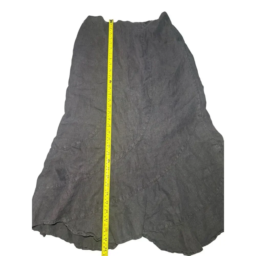 VTG Cut Loose Gray Linen Flared A-Line Midi Skirt Elastic Waist M Lagenlook